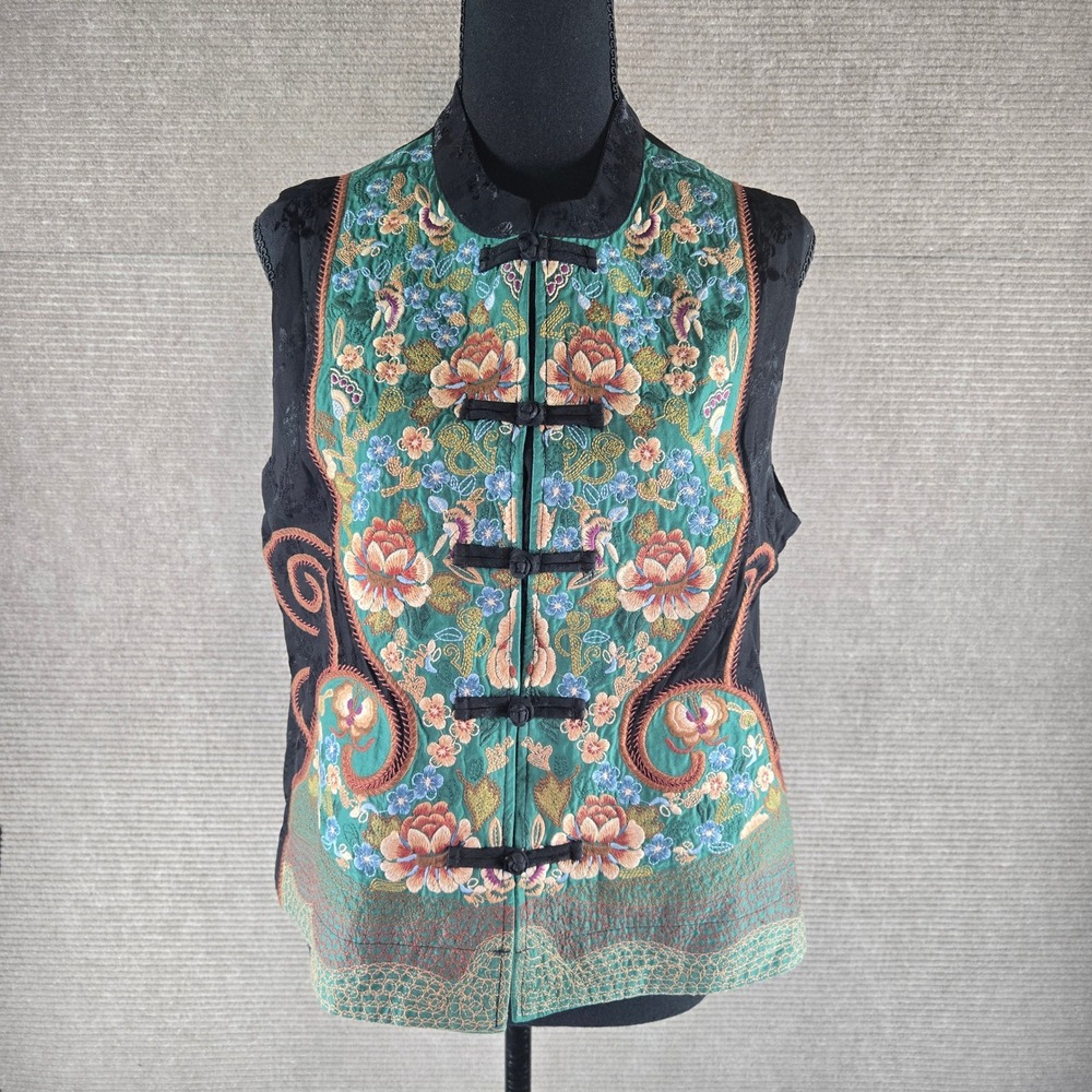 Unbranded Womens 3XL Black Teal Floral Embroidered Frog Button Vest